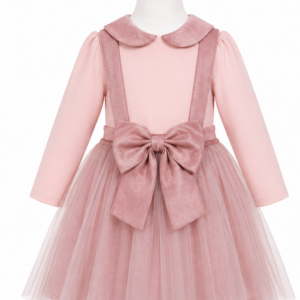 Vestito bambina rosa con fiocco, tulle e maglietta fronte