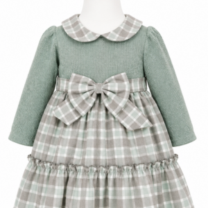 Vestito bambina grigio con fiocco e fantasia scozzese fronte