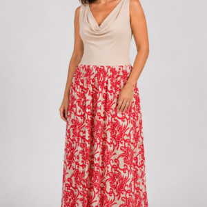 Vestito lungo beige e fantasia rossa - fronte