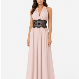 Vestito lungo cipria con pizzo nero - fronte