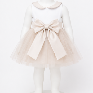 Vestito bambina beige in raso con fiocco e tulle fronte