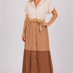 Vestito tricolore beige con cintura - fronte