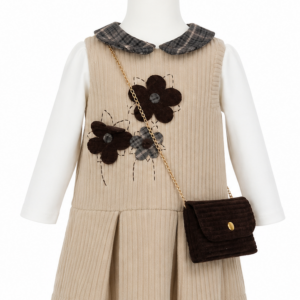 Vestito bambina beige in velluto con borsetta fronte