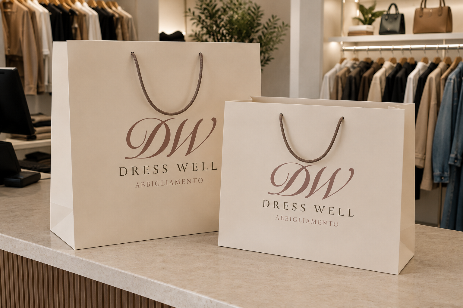 Buste del negozio con il logo Dress Well