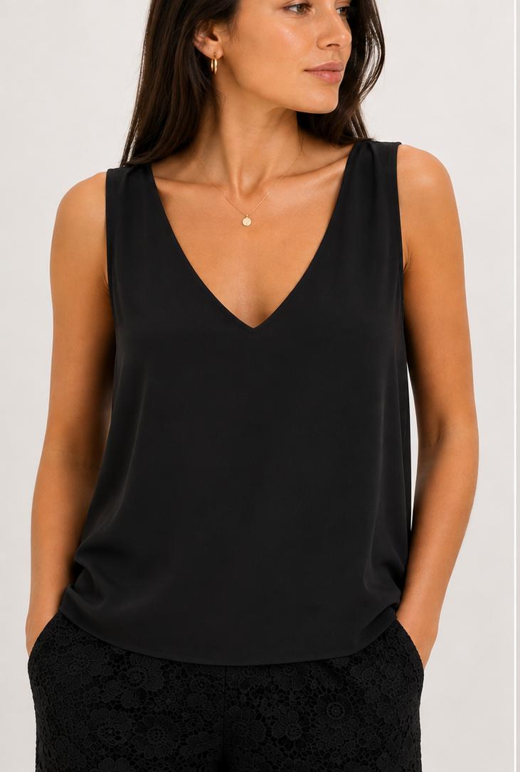 Canotta donna a V color nero - fronte