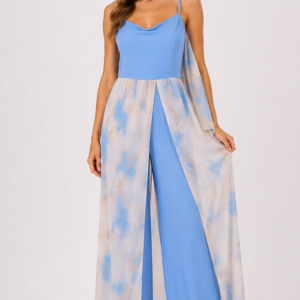 Tuta jumpsuit azzurro cielo con stola - fronte