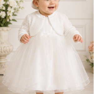 Vestito battesimale in tulle bianco con cappello e coprispalle