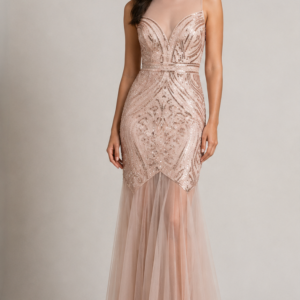 Vestito Artigli Lungo a Sirena con Strass e Tulle - fronte