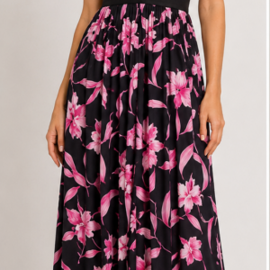 Vestito lungo nero con fiori rosa - fronte