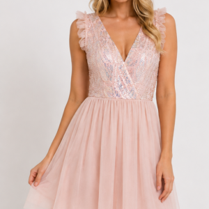 Vestito paillette rosa olografico con tulle - fronte